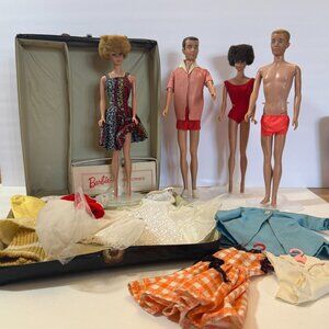 Vintage Early Barbie & Ken Dolls bubblecut In Case With Clothes Accessories